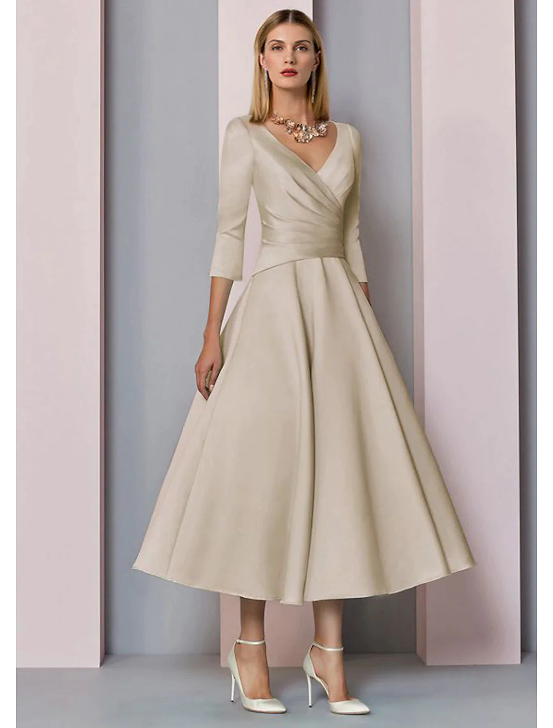 Wholesale A-Line Mother of the Bride Dress Wedding Guest Vintage Plus Size Elegant Formal Party 3/4 Sleeve Satin V Neck Tea Length with Pleats